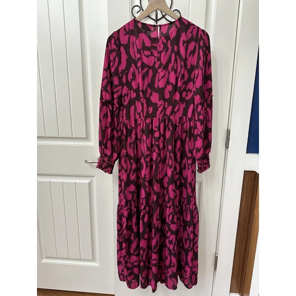 Who What Wear Midi Dress S Pink Brown Abstract Animal Print Long Sleeve Tiered - Picture 5 of 6